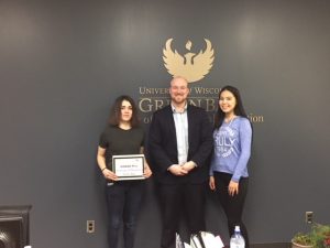 Leila Pyreva (Russia), Will O'Roark (Global UGRAD Program Officer), and Zhanna Ateibek (Kazakhstan) at the University of Wisconsin - Green Bay